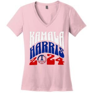 Kamala Harris 2024 Vote Peace Retro Groovy President Women V Neck Women's V-Neck T-Shirt