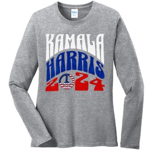 Kamala Harris 2024 Vote Peace Retro Groovy President Women V Neck Ladies Long Sleeve Shirt