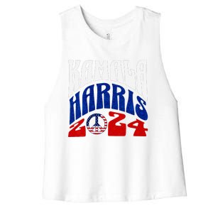 Kamala Harris 2024 Vote Peace Retro Groovy President Women V Neck Women's Racerback Cropped Tank