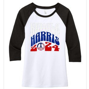 Kamala Harris 2024 Vote Peace Retro Groovy President Women V Neck Women's Tri-Blend 3/4-Sleeve Raglan Shirt