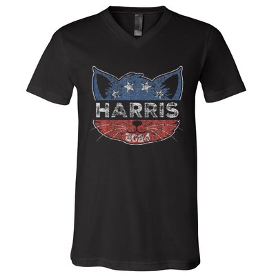 Kamala Harris 2024 Button Cat Face For Cat Lady Kamala Lover V-Neck T-Shirt