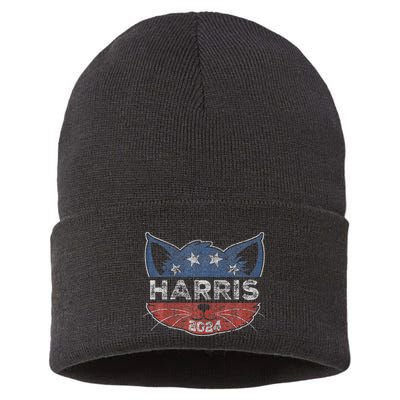 Kamala Harris 2024 Button Cat Face For Cat Lady Kamala Lover Sustainable Knit Beanie