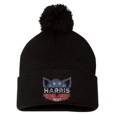 Kamala Harris 2024 Button Cat Face For Cat Lady Kamala Lover Pom Pom 12in Knit Beanie