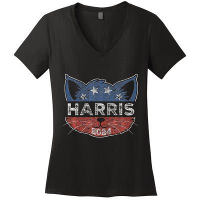 Kamala Harris 2024 Button Cat Face For Cat Lady Kamala Lover Women's V-Neck T-Shirt