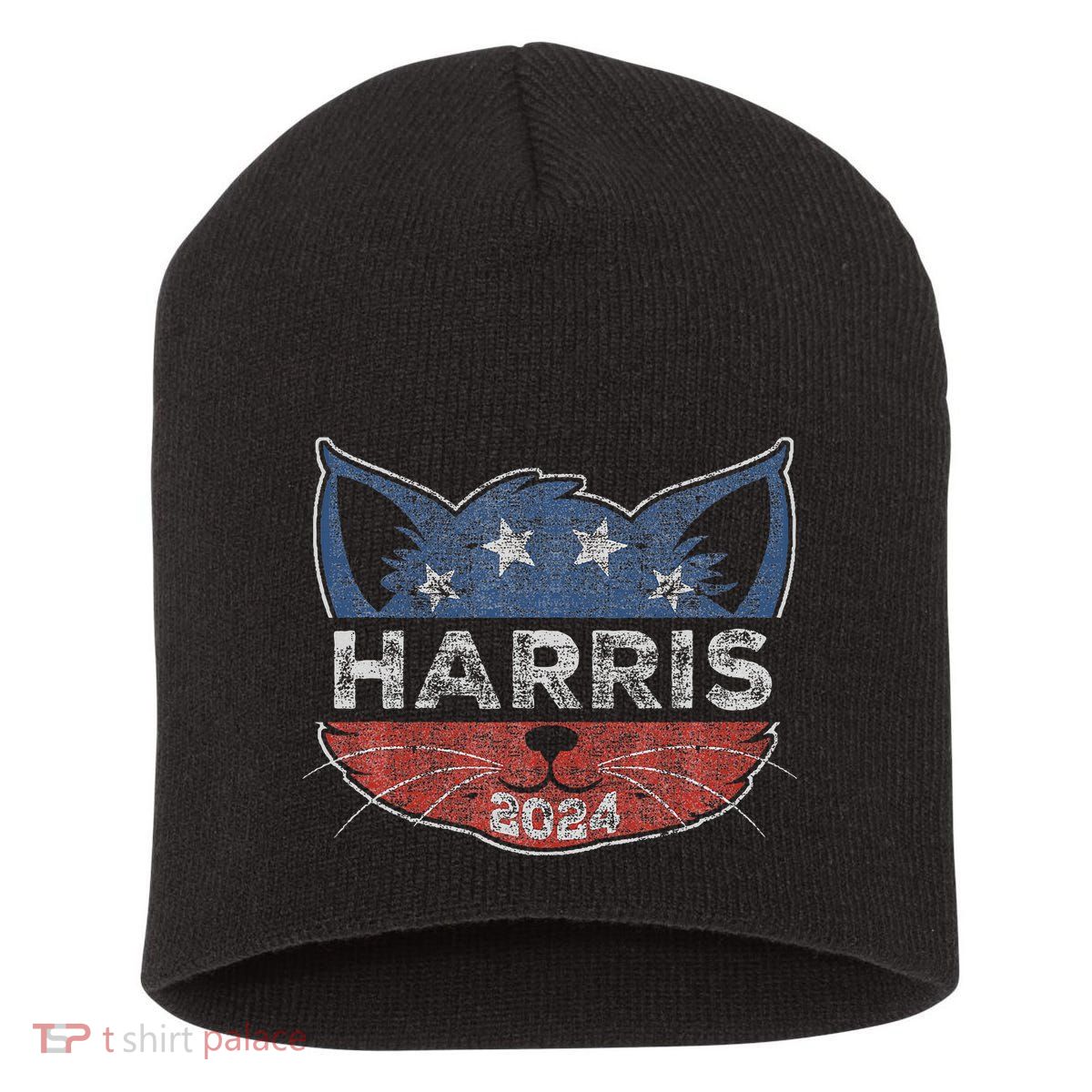 Kamala Harris 2024 Button Cat Face For Cat Lady Kamala Lover Short Acrylic Beanie