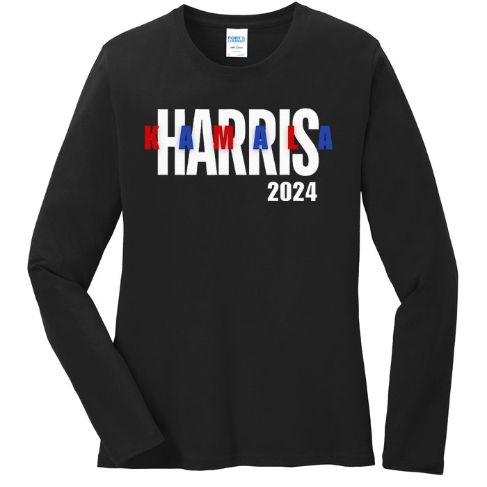 Kamala Harris 2024 Presidential Campaign Typography Graphic Ladies Long Sleeve Shirt