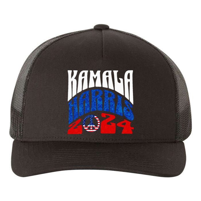 Kamala Harris 2024 Vote Peace Retro Groovy President Women Yupoong Adult 5-Panel Trucker Hat