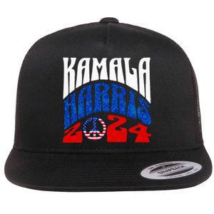 Kamala Harris 2024 Vote Peace Retro Groovy President Women Flat Bill Trucker Hat