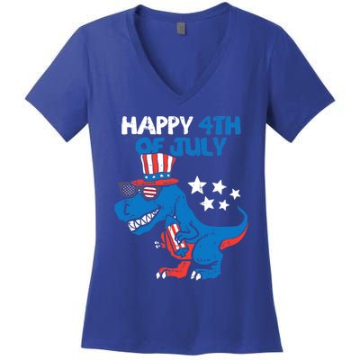 Kids Happy 4th Of July Trex Dino Dinosaur Gift Women's V-Neck T-Shirt