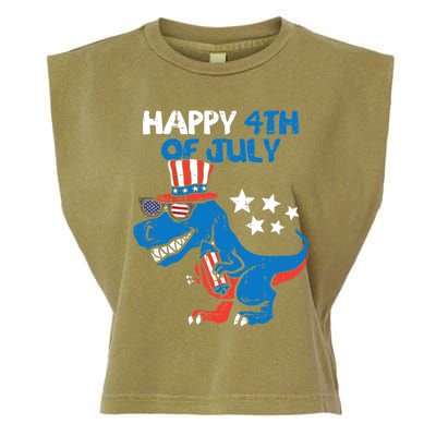 Kids Happy 4th Of July Trex Dino Dinosaur Funny Gift Garment-Dyed Women's Muscle Tee