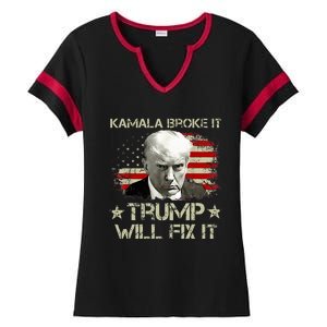 Kamala Harris Broke It Trump Will Fix It Usa Flag Trump Cool Ladies Halftime Notch Neck Tee