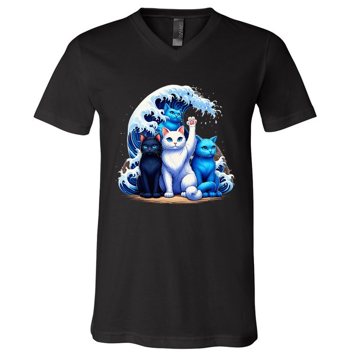 Kamala Harris Blue Cats Wave Cat Owners Cat Lovers Kamala V-Neck T-Shirt