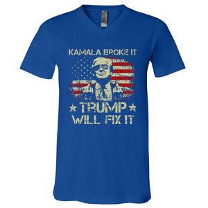 Kamala Harris Broke It Trump Will Fix It Usa Flag Trump V-Neck T-Shirt