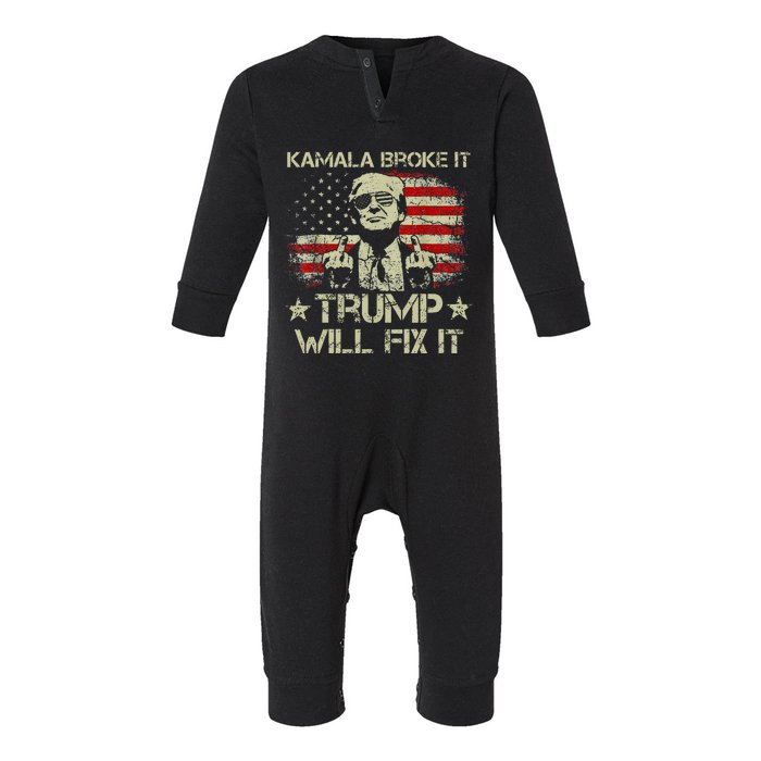 Kamala Harris Broke It Trump Will Fix It Usa Flag Trump Cool Infant Fleece One Piece