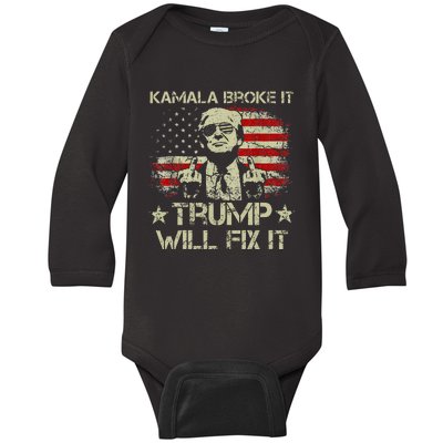 Kamala Harris Broke It Trump Will Fix It Usa Flag Trump Cool Baby Long Sleeve Bodysuit