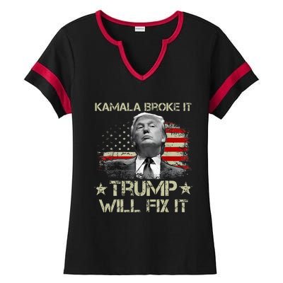 Kamala Harris Broke It Trump Will Fix It Usa Flag Trump Cool Ladies Halftime Notch Neck Tee