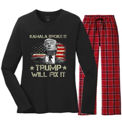 Kamala Harris Broke It Trump Will Fix It Usa Flag Trump Cool Women's Long Sleeve Flannel Pajama Set 