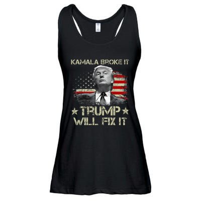 Kamala Harris Broke It Trump Will Fix It Usa Flag Trump Cool Ladies Essential Flowy Tank