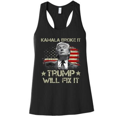 Kamala Harris Broke It Trump Will Fix It Usa Flag Trump Cool Women's Racerback Tank