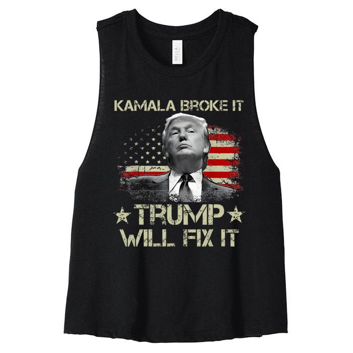 Kamala Harris Broke It Trump Will Fix It Usa Flag Trump Cool Women's Racerback Cropped Tank