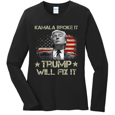 Kamala Harris Broke It Trump Will Fix It Usa Flag Trump Cool Ladies Long Sleeve Shirt