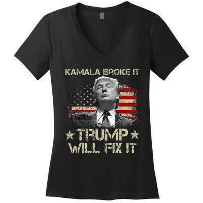 Kamala Harris Broke It Trump Will Fix It Usa Flag Trump Cool Women's V-Neck T-Shirt