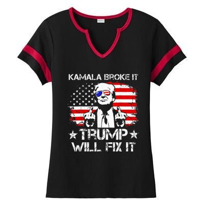 Kamala Harris Broke It Trump Will Fix It Usa Flag Trump Cool Ladies Halftime Notch Neck Tee