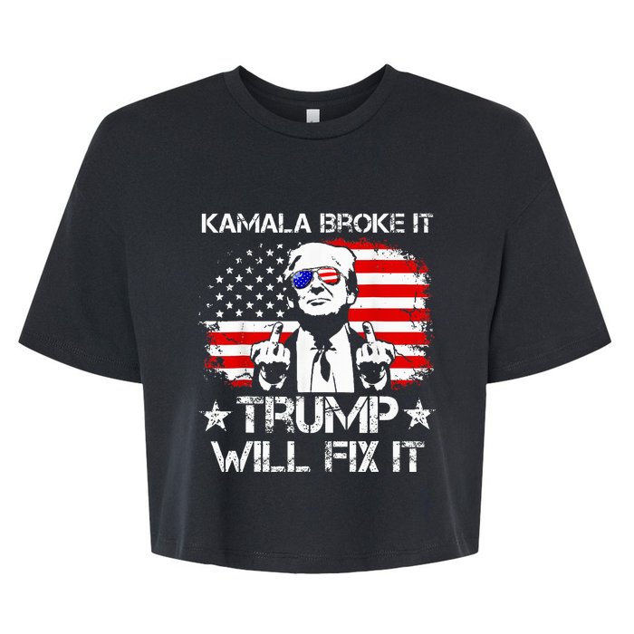 Kamala Harris Broke It Trump Will Fix It Usa Flag Trump Cool Bella+Canvas Jersey Crop Tee