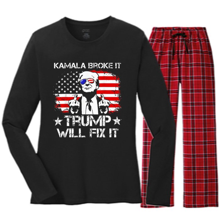 Kamala Harris Broke It Trump Will Fix It Usa Flag Trump Cool Women's Long Sleeve Flannel Pajama Set 