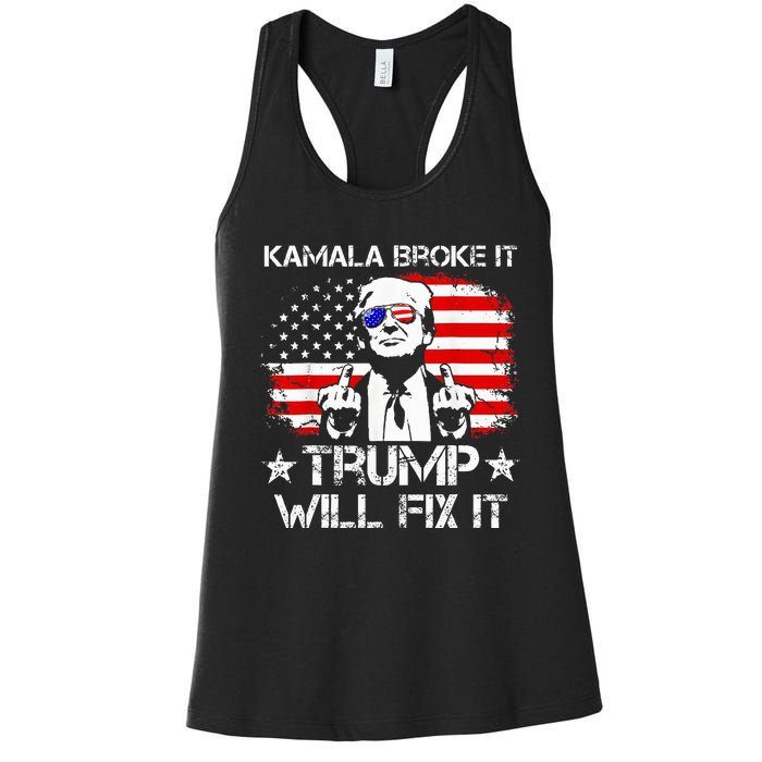 Kamala Harris Broke It Trump Will Fix It Usa Flag Trump Cool Women's Racerback Tank