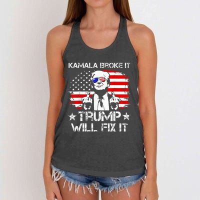 Kamala Harris Broke It Trump Will Fix It Usa Flag Trump Cool Women's Knotted Racerback Tank