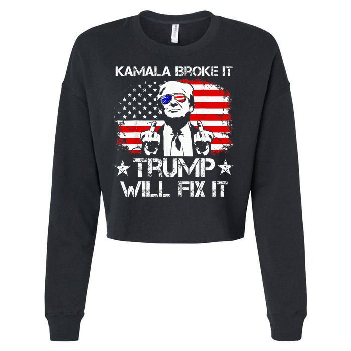 Kamala Harris Broke It Trump Will Fix It Usa Flag Trump Cool Cropped Pullover Crew