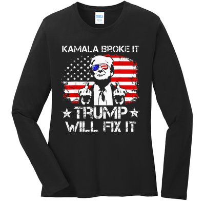 Kamala Harris Broke It Trump Will Fix It Usa Flag Trump Cool Ladies Long Sleeve Shirt