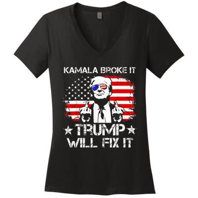 Kamala Harris Broke It Trump Will Fix It Usa Flag Trump Cool Women's V-Neck T-Shirt