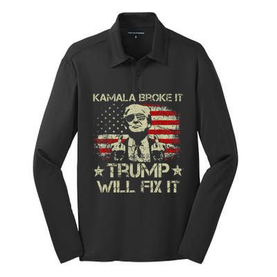 Kamala Harris Broke It Trump Will Fix It Usa Flag Trump Cool Silk Touch Performance Long Sleeve Polo