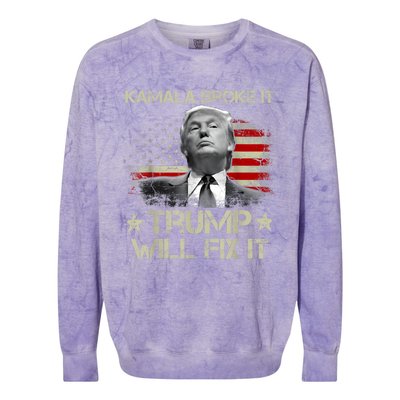 Kamala Harris Broke It Trump Will Fix It Usa Flag Trump Cool Colorblast Crewneck Sweatshirt