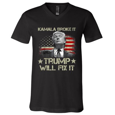 Kamala Harris Broke It Trump Will Fix It Usa Flag Trump Cool V-Neck T-Shirt