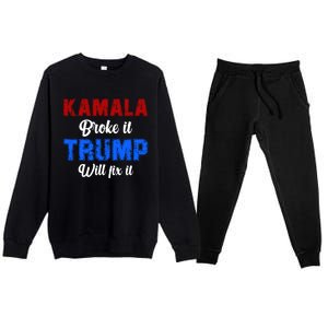 Kamala Harris Broke It Trump Will Fix It Usa Flag Trump Cool Premium Crewneck Sweatsuit Set