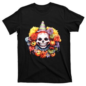 Kawaii Halloween Creepy Clown With Pumpkin And Flowers T-Shirt