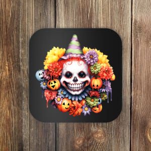 Kawaii Halloween Creepy Clown With Pumpkin And Flowers Coaster