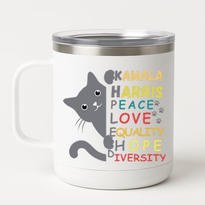 Kamala Harris Cat Peace Love Equality Hope Diversity 12 oz Stainless Steel Tumbler Cup