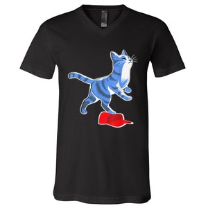 Kamala Harris Cat Stepping On Maga Hat Vp President 2024 V-Neck T-Shirt