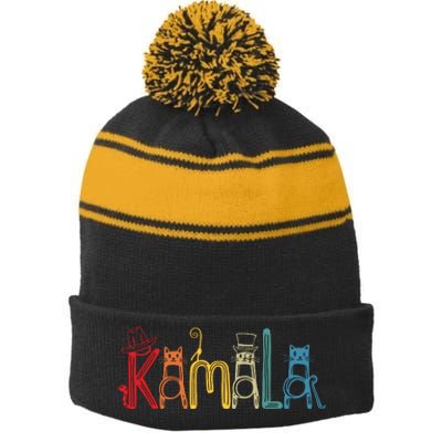 Kamala Harris Cat Lettering Positive Funny Stripe Pom Pom Beanie