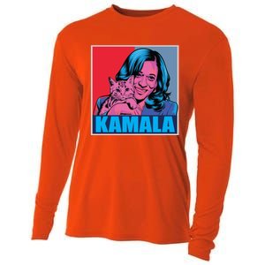 Kamala Harris Cat Pop Art Portrait Harris Walz 2024 Gift Cooling Performance Long Sleeve Crew