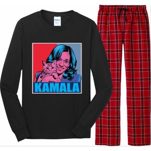 Kamala Harris Cat Pop Art Portrait Harris Walz 2024 Gift Long Sleeve Pajama Set