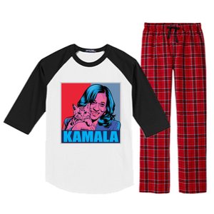 Kamala Harris Cat Pop Art Portrait Harris Walz 2024 Gift Raglan Sleeve Pajama Set