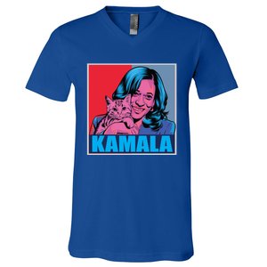 Kamala Harris Cat Pop Art Portrait Harris Walz 2024 Gift V-Neck T-Shirt