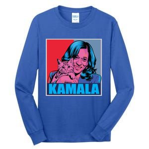 Kamala Harris Cat Pop Art Portrait Harris Walz 2024 Gift Tall Long Sleeve T-Shirt