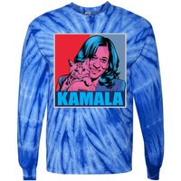 Kamala Harris Cat Pop Art Portrait Harris Walz 2024 Gift Tie-Dye Long Sleeve Shirt