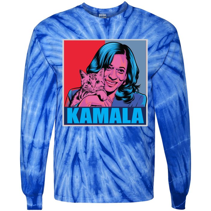 Kamala Harris Cat Pop Art Portrait Harris Walz 2024 Gift Tie-Dye Long Sleeve Shirt